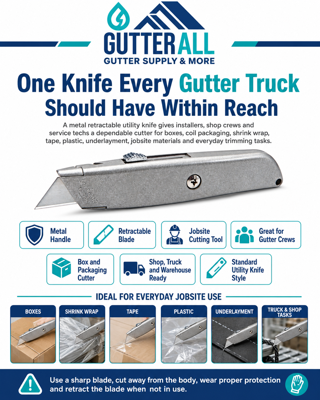 Metal retractable utility knife with exposed blade