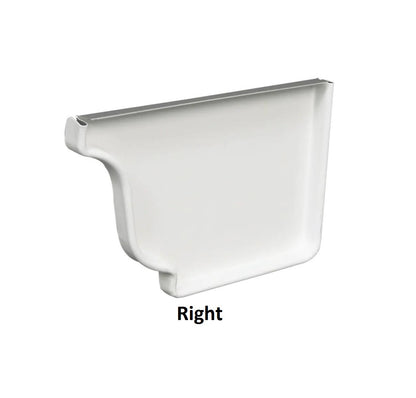 Right end cap for 4-inch K-style seamless aluminum gutter in white.