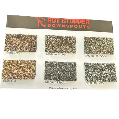 Color Chart Rot Stopper granule-coated downspout. Matches roof shingles. Prevents fascia rot. 6 colors. Custom matching available. Invisible drainage. Damascus OR.