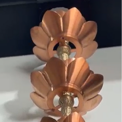 Water Lily copper rain chain with brass links and floral cups