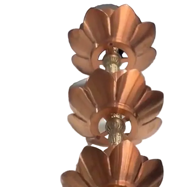 Water Lily copper rain chain with brass links and floral cups