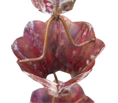 Torch Fired Copper Blossom Rain Chain. Hand-torched antique finish looks 100 years old. 8ft section with 21 flower cups. 3-1/2" x 2-7/8" cups. V-hook included. Contractor DIY. Damascus OR.