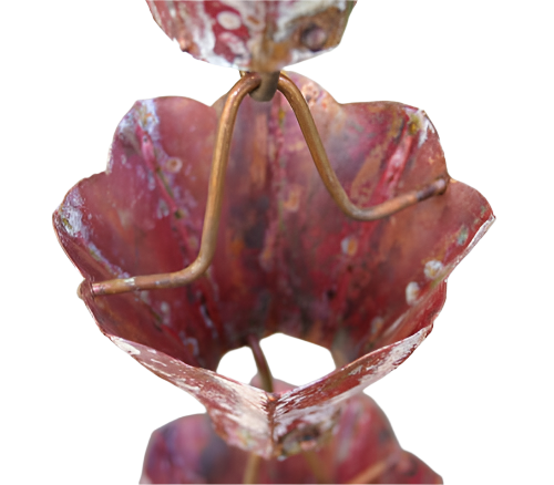 Torch Fired Copper Blossom Rain Chain. Hand-torched antique finish looks 100 years old. 8ft section with 21 flower cups. 3-1/2" x 2-7/8" cups. V-hook included. Contractor DIY. Damascus OR.