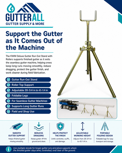 Adjustable gutter support stand for seamless gutter machine runout