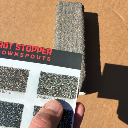 Weathered Wood Rot Stopper granule-coated downspout. Matches roof shingles. Prevents fascia rot. 6 colors. Custom matching available. Invisible drainage. Damascus OR.