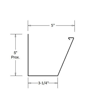 Technical diagram of a 5-inch wide-bottom fascia gutter with dimensions.