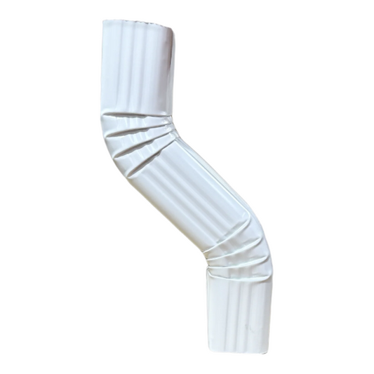 A 6-inch aluminum downspout extension with a double A offset design, predominantly white in color.