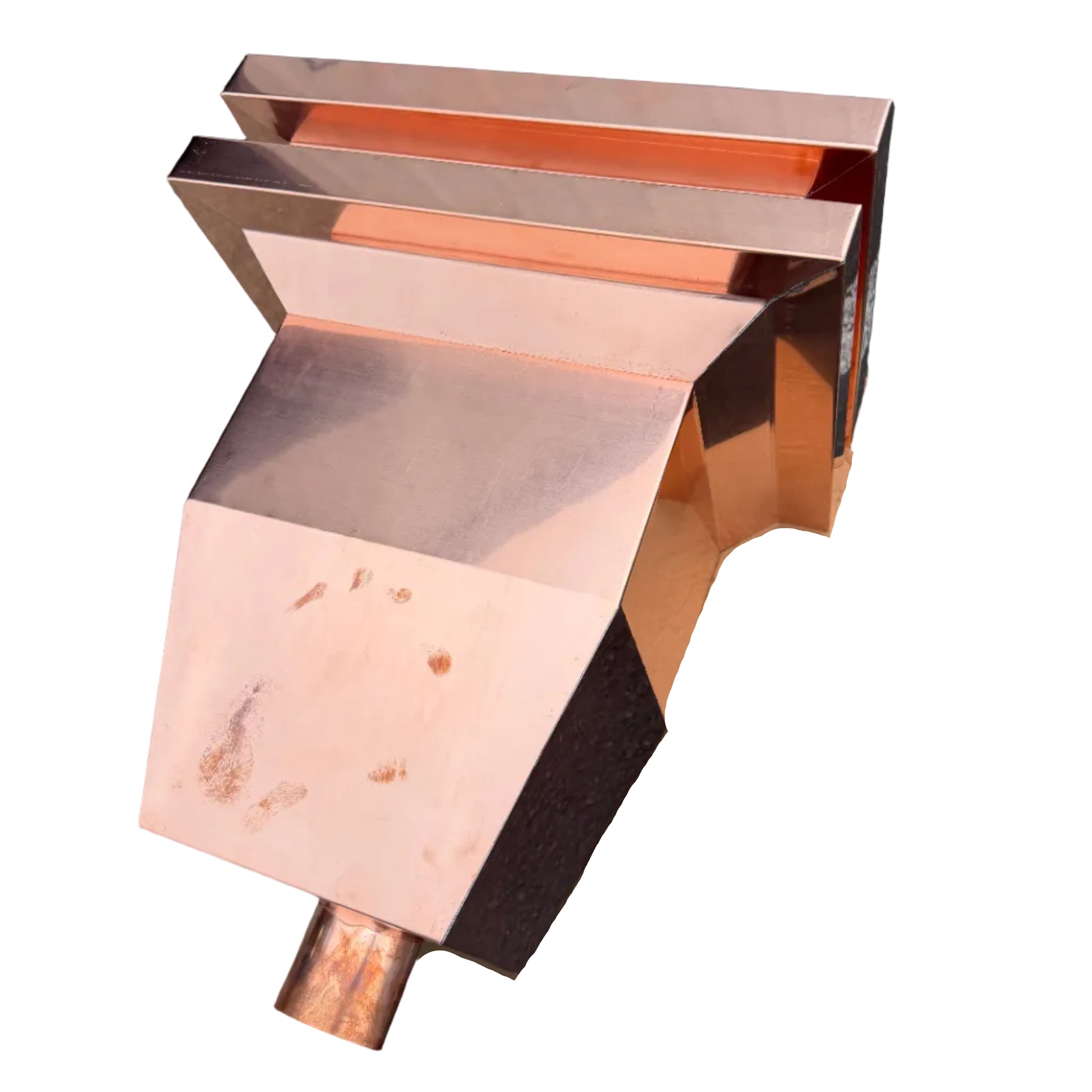 Large copper conductor head 17x12x19 modern box style leader head. 16 oz copper. Stepped top. High capacity. 2x3 oval outlet. Damascus OR. Ships nationwide.