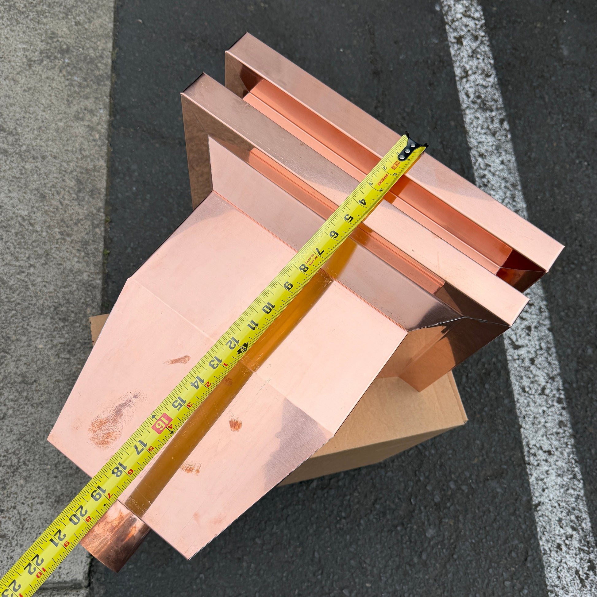 Large 17x12x19 inch copper conductor head leader head collector box rain head modern box style stepped top design for 2x3 oval copper downspout high capacity water management architectural drainage - GutterAll Damascus Oregon