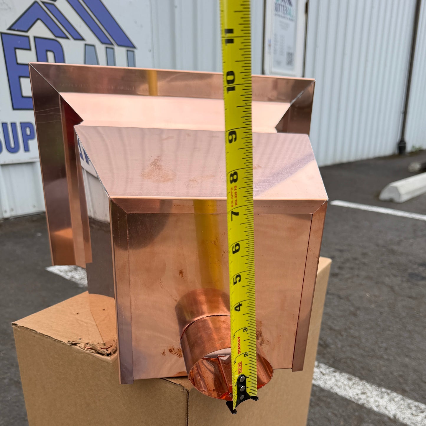 Large 17x12x19 inch copper conductor head leader head collector box rain head modern box style stepped top design for 2x3 oval copper downspout high capacity water management architectural drainage - GutterAll Damascus Oregon