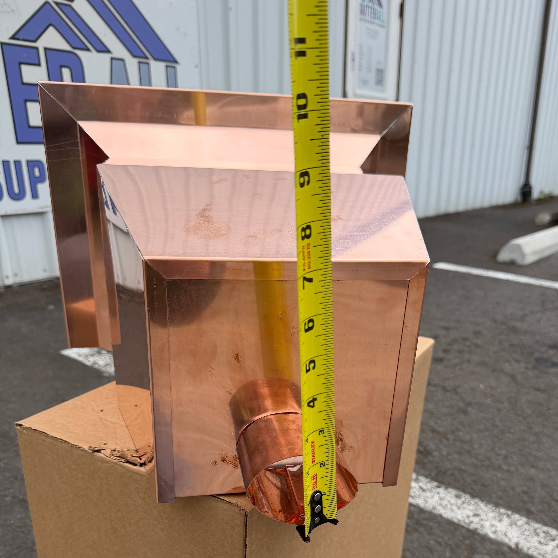 Large 17x12x19 inch copper conductor head leader head collector box rain head modern box style stepped top design for 2x3 oval copper downspout high capacity water management architectural drainage - GutterAll Damascus Oregon