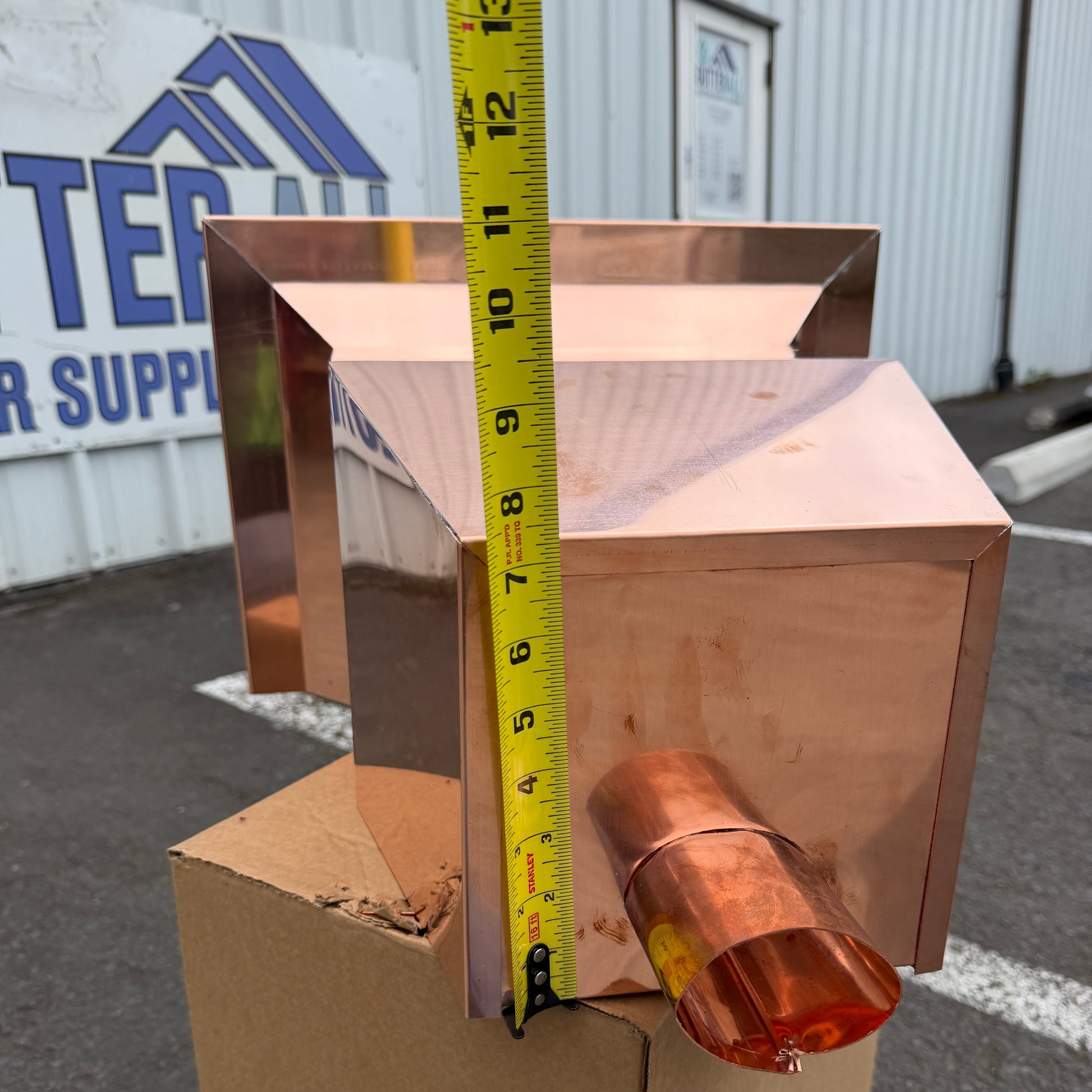 Large 17x12x19 inch copper conductor head leader head collector box rain head modern box style stepped top design for 2x3 oval copper downspout high capacity water management architectural drainage - GutterAll Damascus Oregon