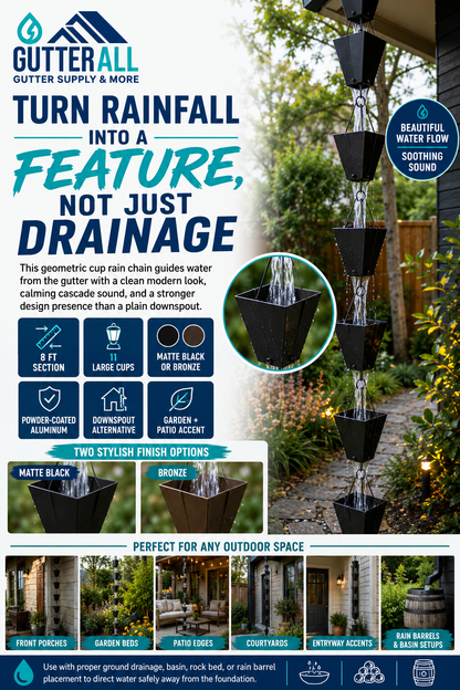 Black aluminum cup rain chain used as decorative downspout alternative