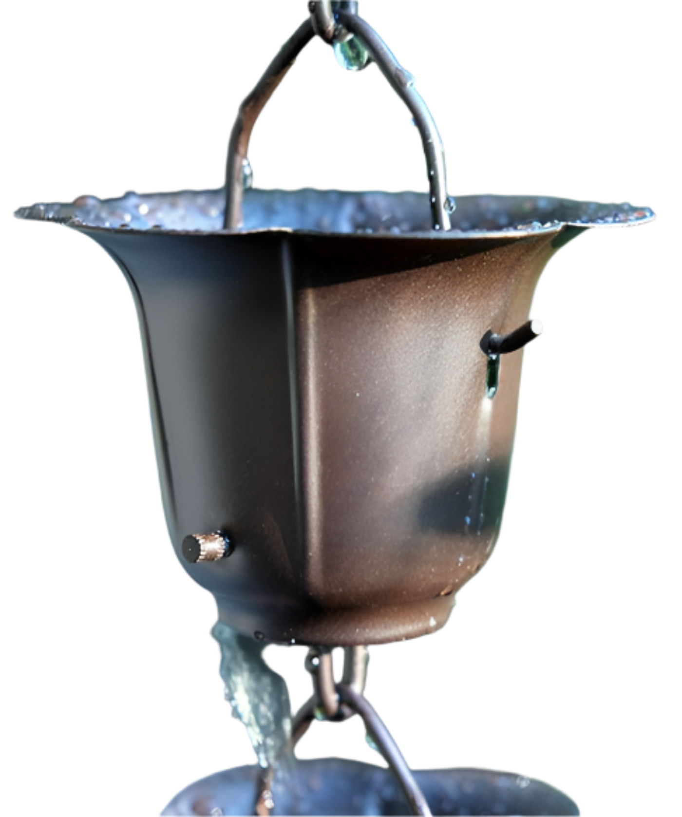Buttercup rain chain. Elegant floral design. 8ft section with 22 cups. Dark Bronze or Copper finish. 3-3/4" cups. FULLY ASSEMBLED. V-hook included. Contractor DIY. Damascus OR.
