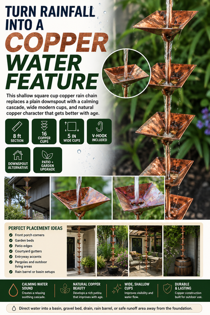Shallow square cup copper rain chain 8ft sections with 16 cups. Extra-wide 5" x 1-1/8" modern geometric design. V-hook included. Contractor and DIY. Damascus OR.