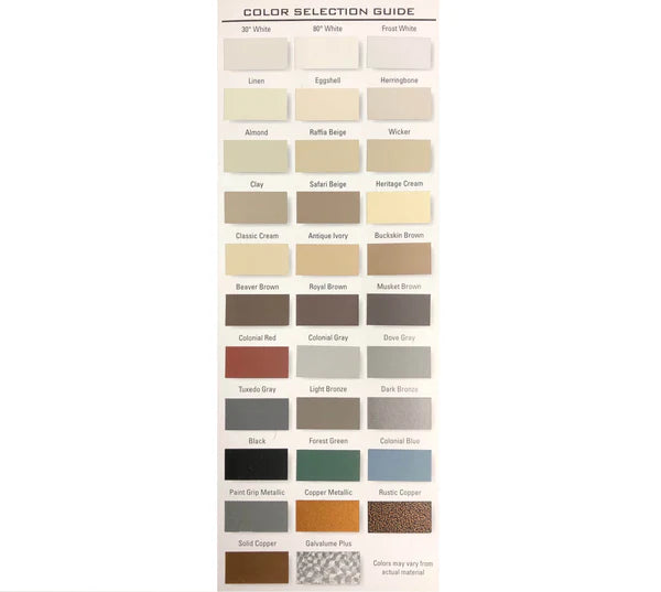Color selection guide for GutterAll downspout cleanout screens.
