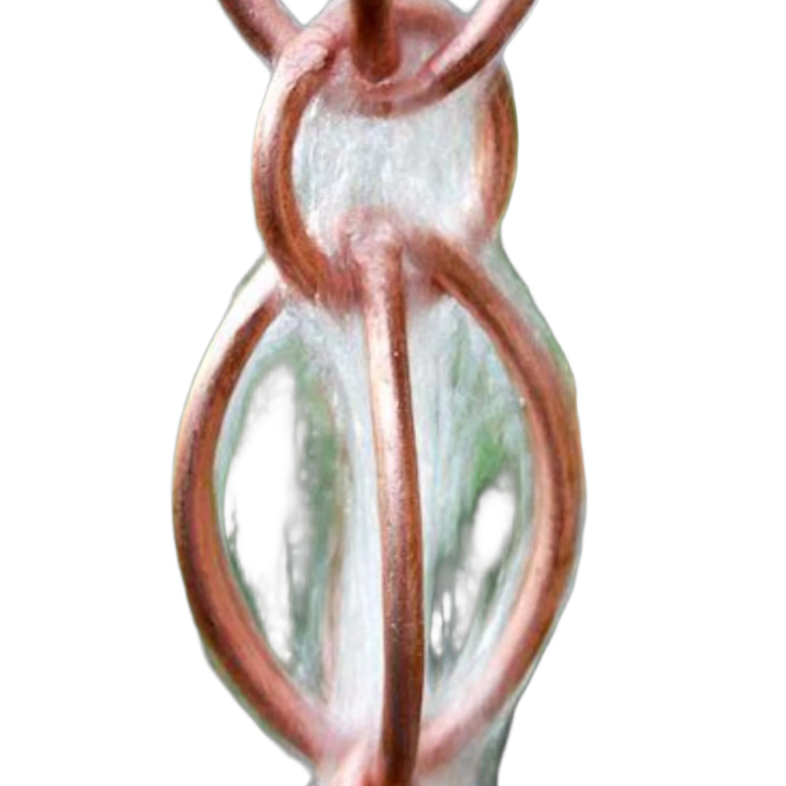 Pure copper oval loop rain chain sold in 8ft sections. 2" x 3" x 0.1875" links. Double loop design. Natural patina. V-hook included. Contractor DIY. Damascus OR.