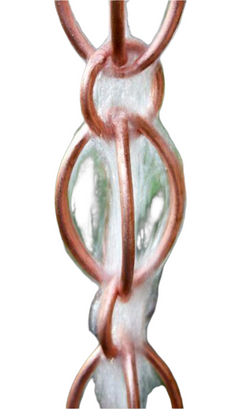 Egg-Shaped Loop Rain Chain in Copper Bronze finish showing unique figure-8 design and water flow pattern