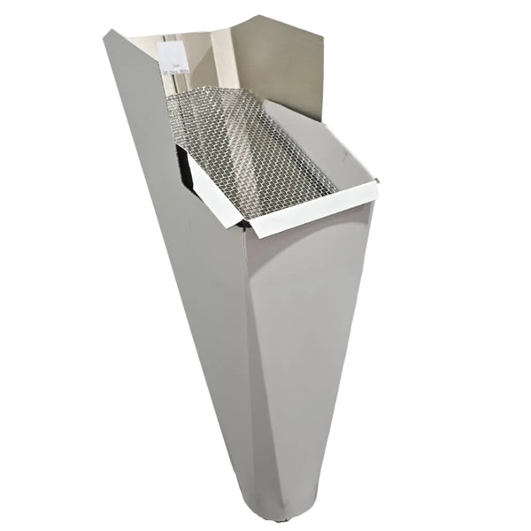 30 Deg White aluminum gutter downspout cleanout with debris screen filtering leaves before the downspout.