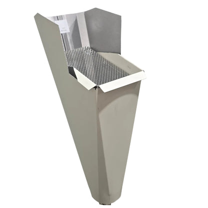 Almond aluminum gutter downspout cleanout with debris screen filtering leaves before the downspout.