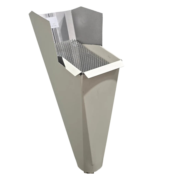 Almond aluminum gutter downspout cleanout with debris screen filtering leaves before the downspout.