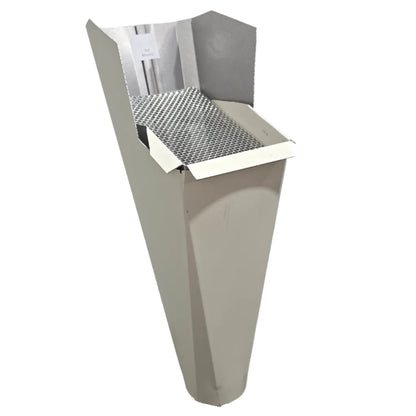 Almond aluminum gutter downspout cleanout with debris screen filtering leaves before the downspout.