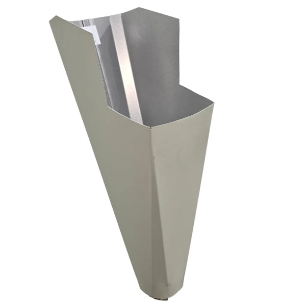 Almond aluminum gutter downspout cleanout with debris screen filtering leaves before the downspout.