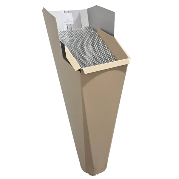 Antique Ivory aluminum gutter downspout cleanout with debris screen filtering leaves before the downspout.