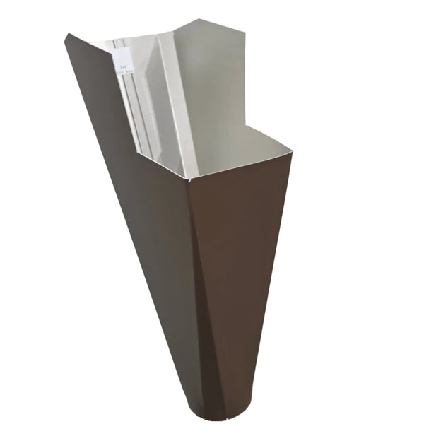 Beaver Brown aluminum gutter downspout cleanout with debris screen filtering leaves before the downspout.