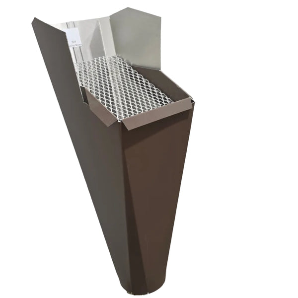 Beaver Brown aluminum gutter downspout cleanout with debris screen filtering leaves before the downspout.