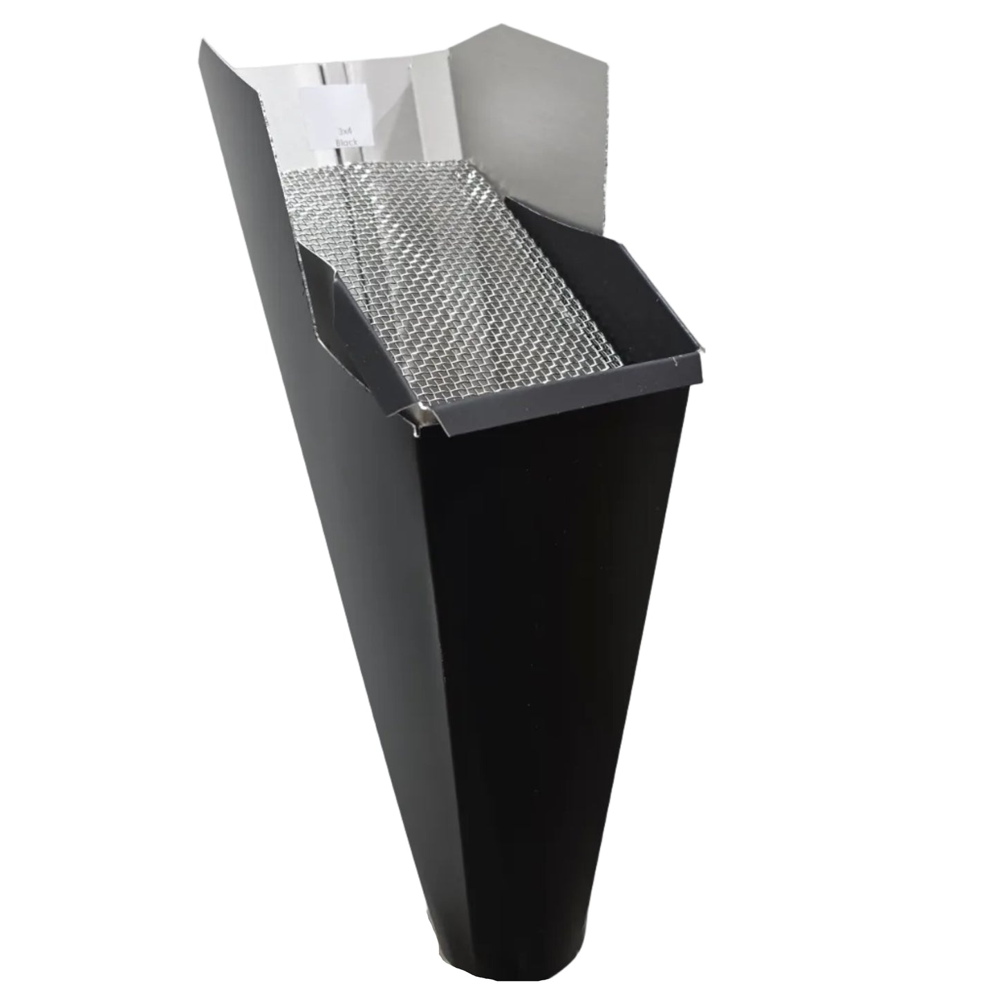 Black aluminum gutter downspout cleanout with debris screen filtering leaves before the downspout.