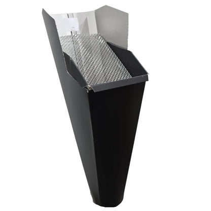 Black aluminum gutter downspout cleanout with debris screen filtering leaves before the downspout.