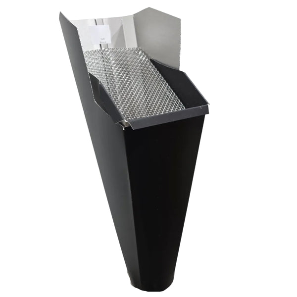 Black aluminum gutter downspout cleanout with debris screen filtering leaves before the downspout.