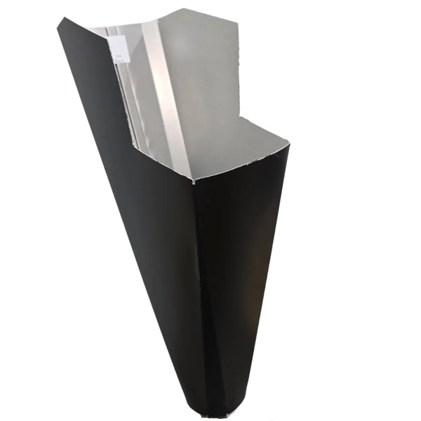 Black aluminum gutter downspout cleanout with debris screen filtering leaves before the downspout.