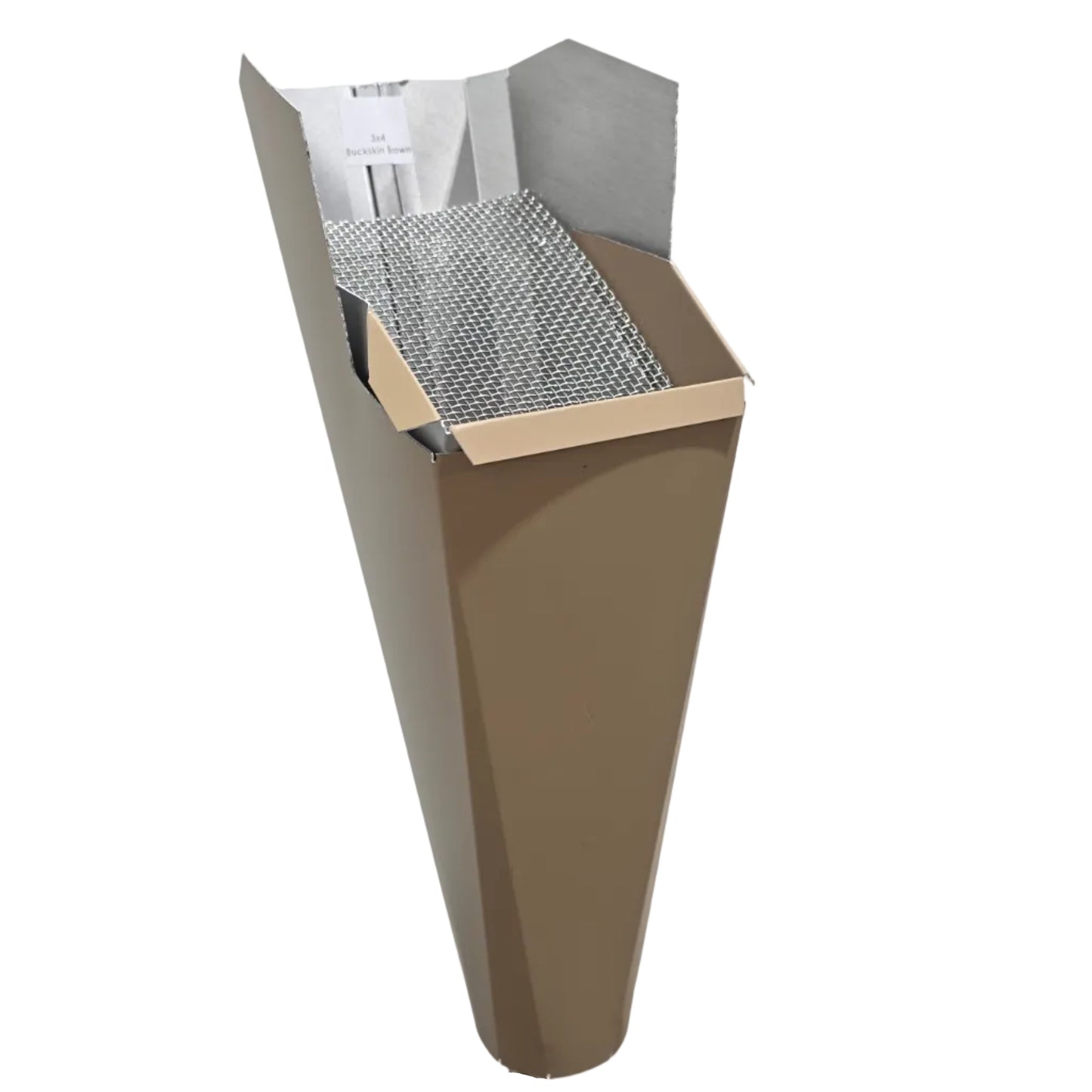 Buckskin Brown aluminum gutter downspout cleanout with debris screen filtering leaves before the downspout.