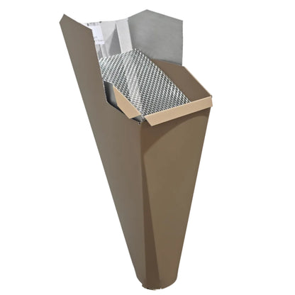 Buckskin Brown aluminum gutter downspout cleanout with debris screen filtering leaves before the downspout.