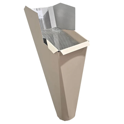 Classic Cream aluminum gutter downspout cleanout with debris screen filtering leaves before the downspout.