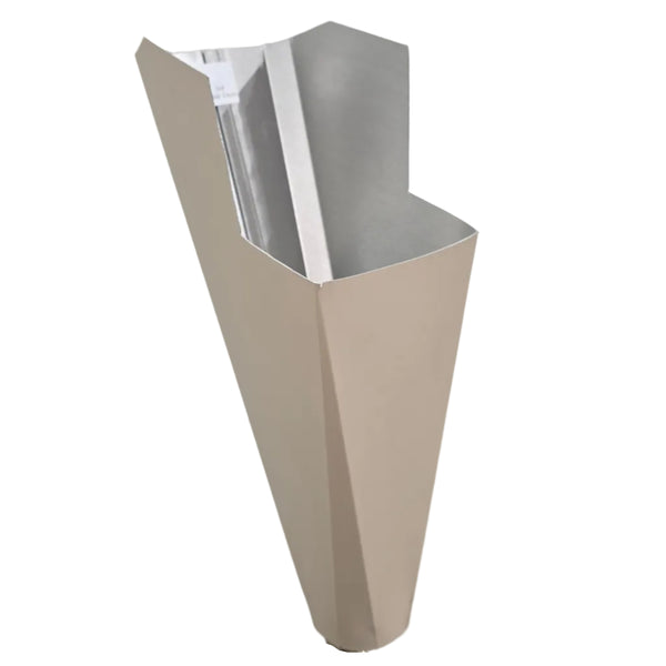 3x4 Classic Cream  aluminum gutter downspout cleanout with debris screen filtering leaves before the downspout.