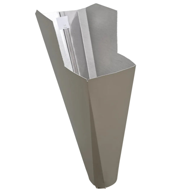 Clay aluminum gutter downspout cleanout with debris screen filtering leaves before the downspout.