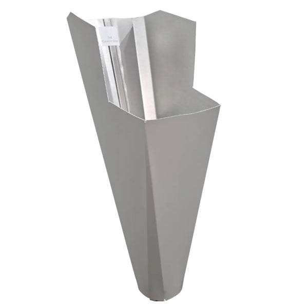 Colonial Gray aluminum gutter downspout cleanout with debris screen filtering leaves before the downspout.