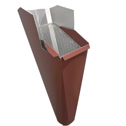 Colonial Red aluminum gutter downspout cleanout with debris screen filtering leaves before the downspout.