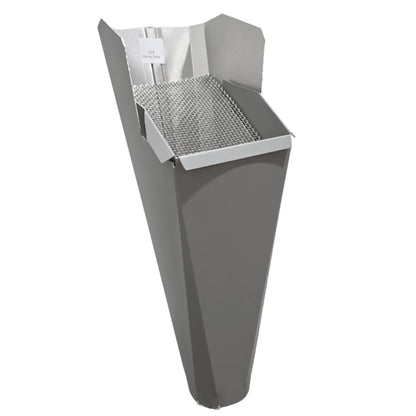 Dove Gray aluminum gutter downspout cleanout with debris screen filtering leaves before the downspout.