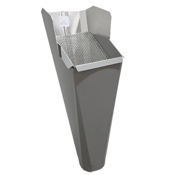 Dove Gray aluminum gutter downspout cleanout with debris screen filtering leaves before the downspout.