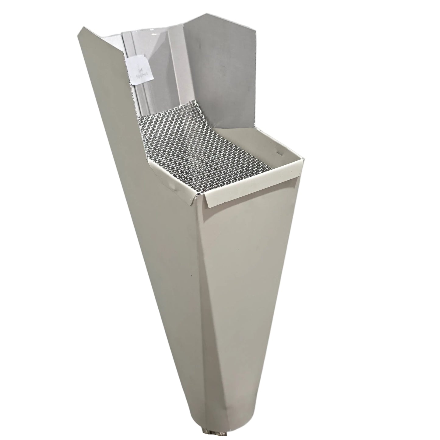 Eggshell aluminum gutter downspout cleanout with debris screen filtering leaves before the downspout.