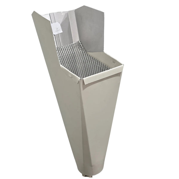 Eggshell aluminum gutter downspout cleanout with debris screen filtering leaves before the downspout.