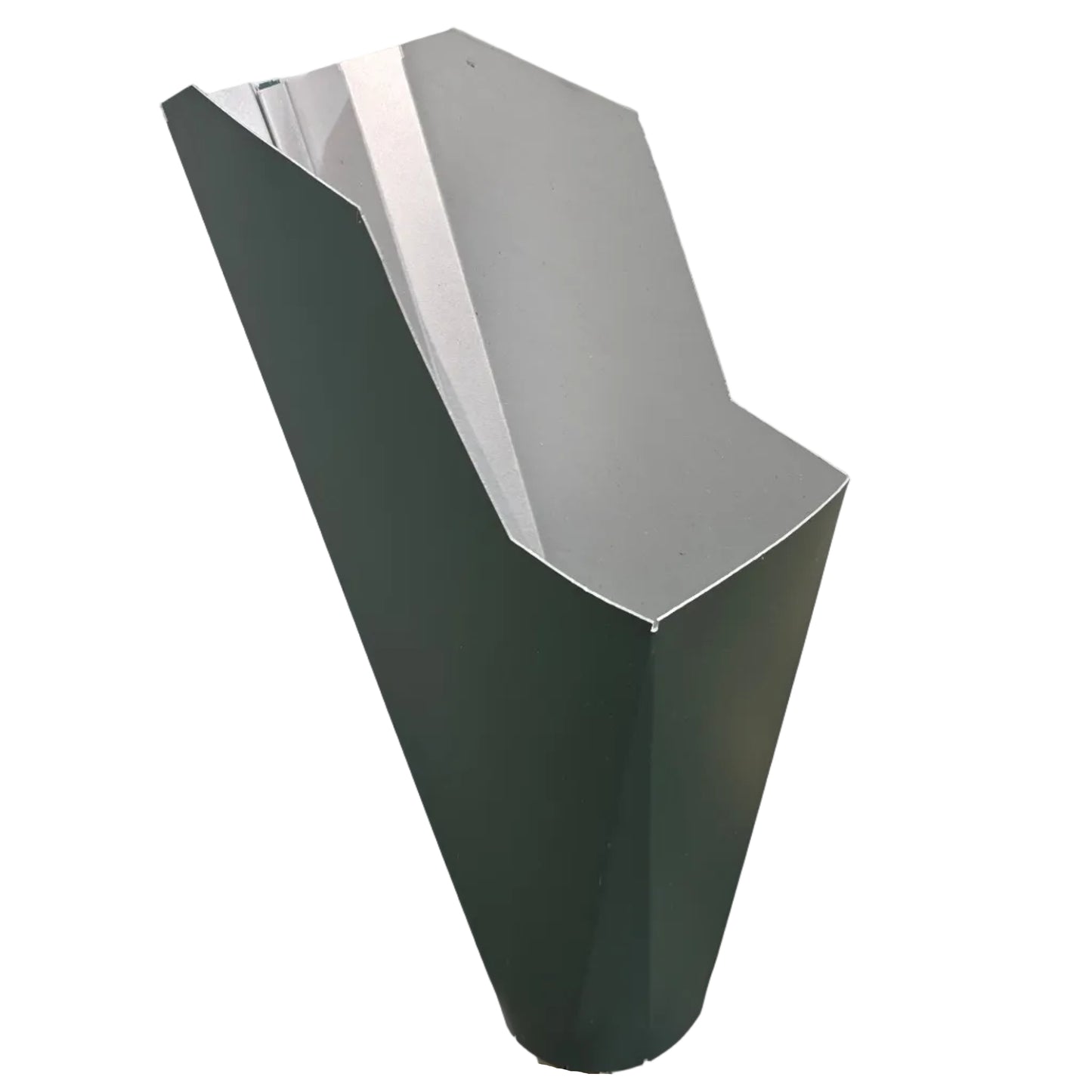 Forest Green aluminum gutter downspout cleanout with debris screen filtering leaves before the downspout.
