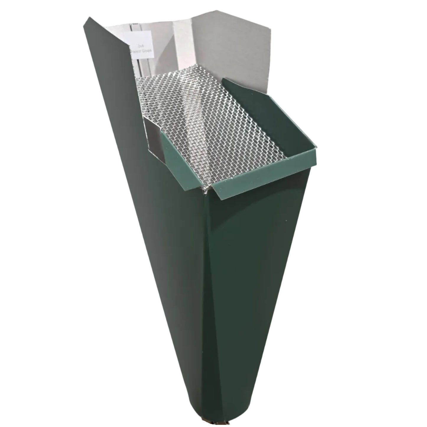 Forest Green aluminum gutter downspout cleanout with debris screen filtering leaves before the downspout.