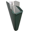 Forest Green aluminum gutter downspout cleanout with debris screen filtering leaves before the downspout.