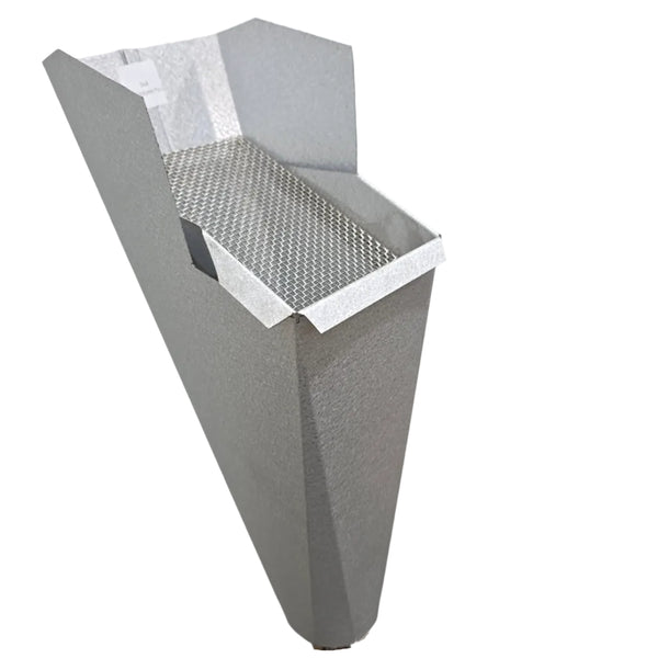 Galvalume Plus aluminum gutter downspout cleanout with debris screen filtering leaves before the downspout.