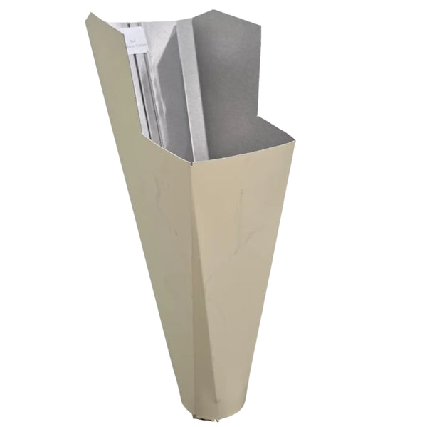 Heritage Cream aluminum gutter downspout cleanout with debris screen filtering leaves before the downspout.